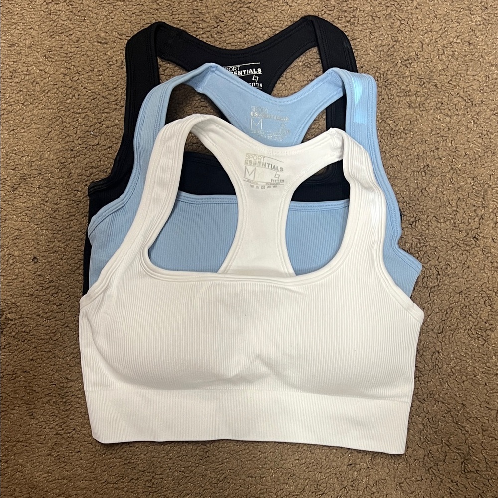 Essentials Ribbed Sports Bra Set - White, Light Blue, Black
